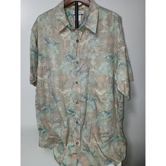 Columbia: Brown/Orange Ship/Palm Tree Short-Sleeve Button Down Shirt, Men's XXL - Picture 1 of 6